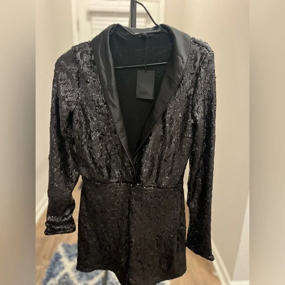 NBD Black Sequin Blazer romper with Satin Shawl Lapel – Size Small, NWT - Picture 2 of 16